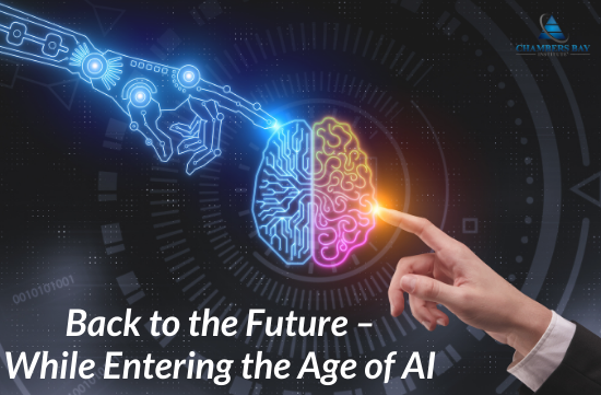 Robotic and human hand touch a drawing to show the connection of artificial intelligence and humanity.